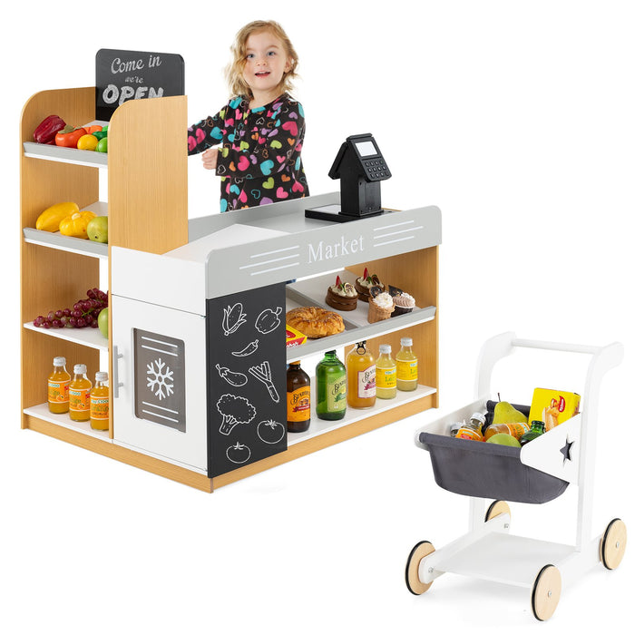 Pretend Play Grocery Store Set with Shopping Cart and 2 Chalkboards-