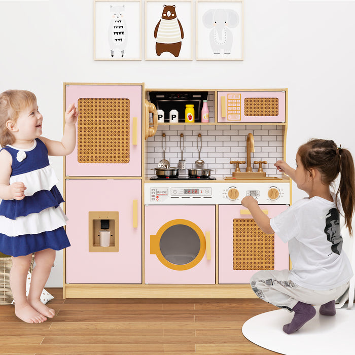 Wooden Kids Kitchen Playset with Real Sounds Lights Stove Water Dispenser-Yellow