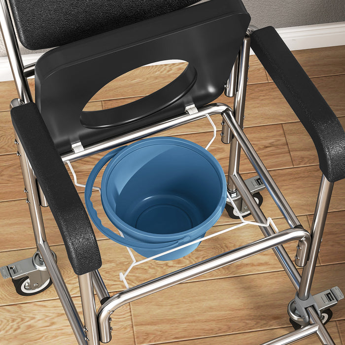 HOMCOM Transport Beside Shower Chair, 3-in-1 Commode Chair with Wheels and Padded Seat, Black