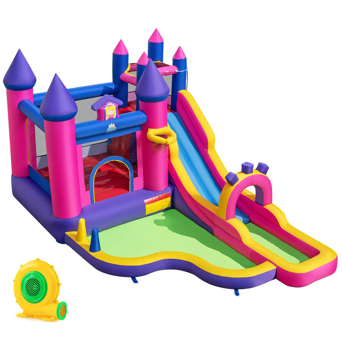 Princess Inflatable Water Slide with Long Slide and Climbing Wall and Splash Pool for Yard Lawn