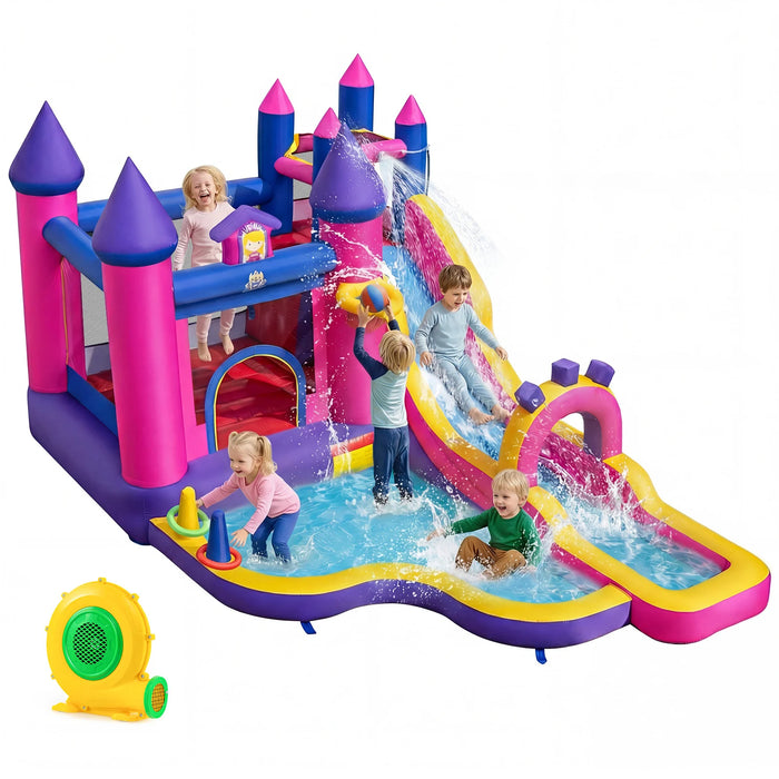 Princess Inflatable Water Slide with Long Slide and Climbing Wall and Splash Pool for Yard Lawn