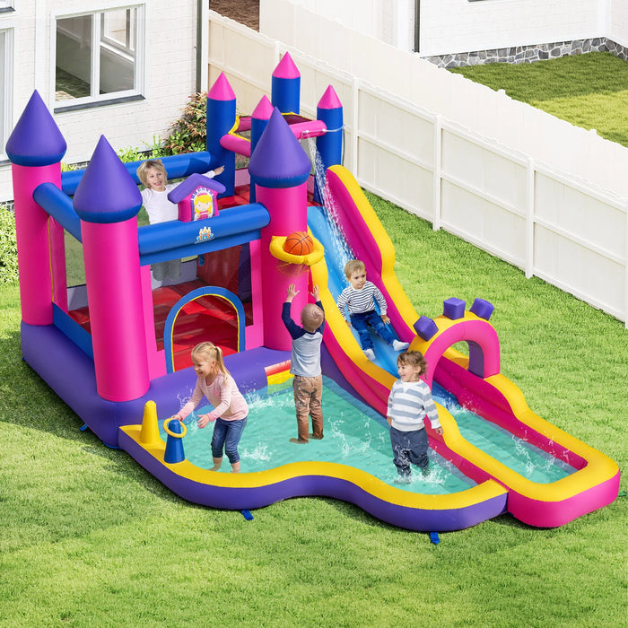 Princess Inflatable Water Slide with Long Slide and Climbing Wall and Splash Pool for Yard Lawn