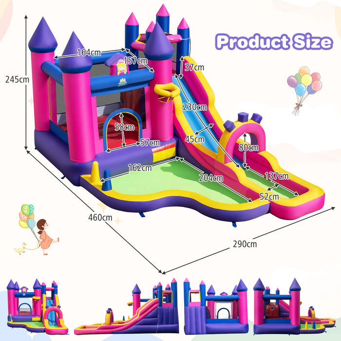 Princess Inflatable Water Slide with Long Slide and Climbing Wall and Splash Pool for Yard Lawn