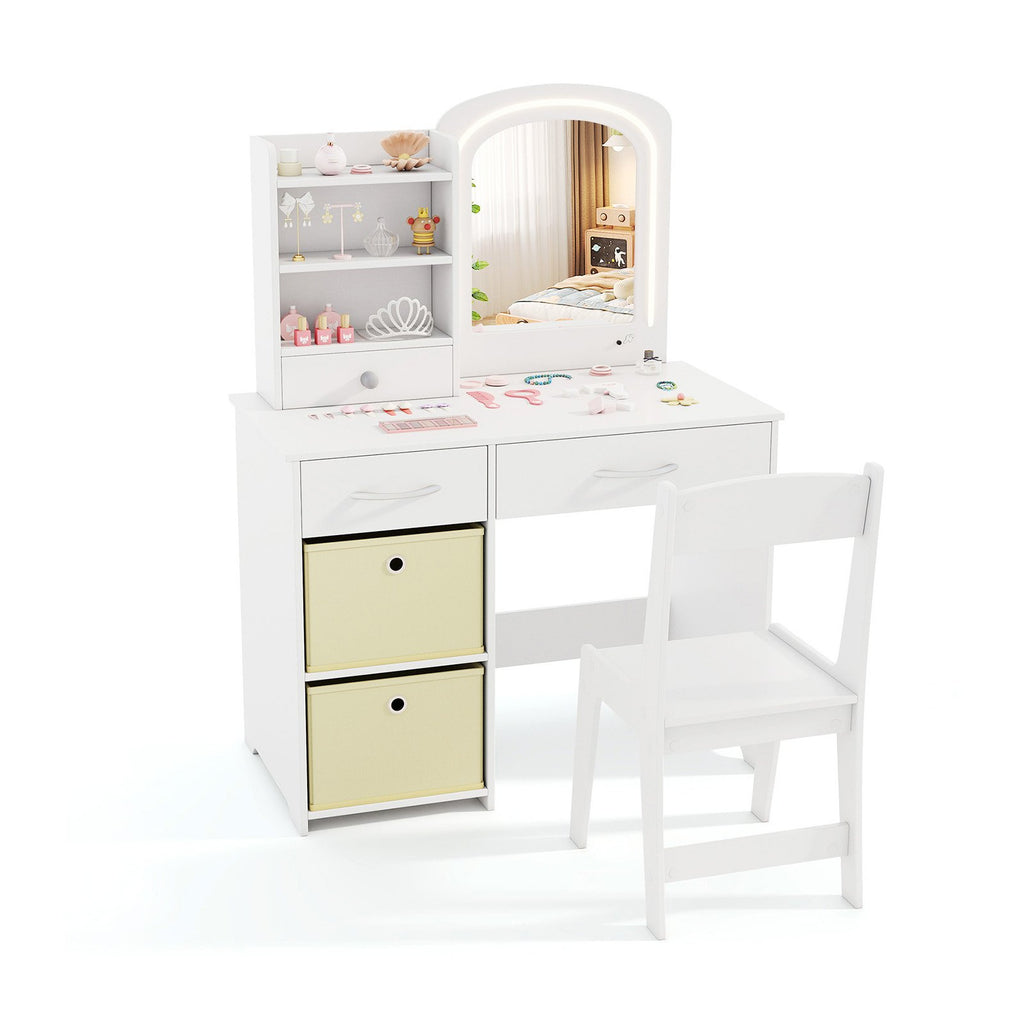 Kids Vanity Set with Lighted Mirror and Storage Drawers-