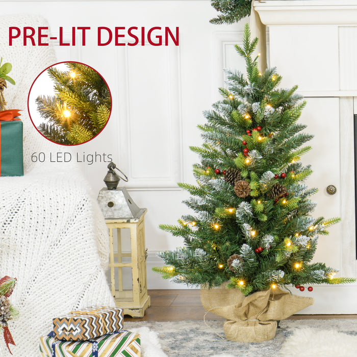 HOMCOM 2 Pieces 3ft Prelit Artificial Christmas Tree with LED Light and 291 Tips, Concrete Base, Tabletop Xmas Tree with Pine Cones and Red Berries, Green