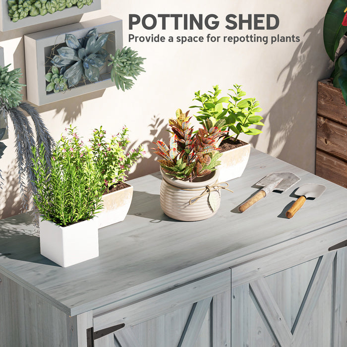 Outsunny Wooden Garden Shed, Outdoor Fir Wood Storage Shed with Shelf and Double Doors, Light Grey