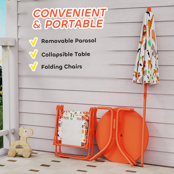 AIYAPLAY Kids Patio Set, Children Table and Chair Set, Outdoor Picnic Table with 2 Folding Chairs and Umbrella, Orange