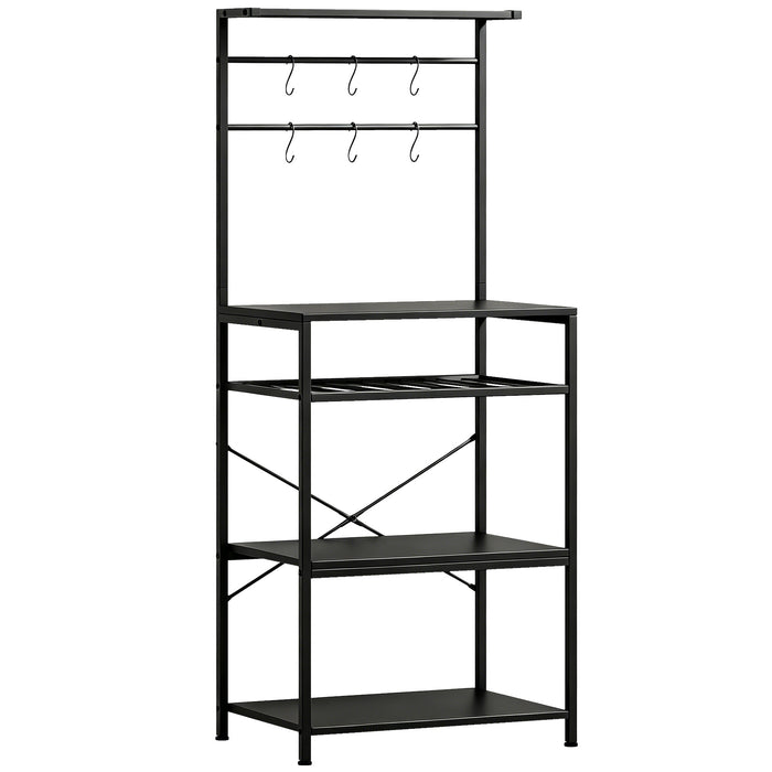 HOMCOM Freestanding Shelving Unit, Industrial Storage Shelf with 6 Hooks and Wine Rack for Living Room, Home Office, Black