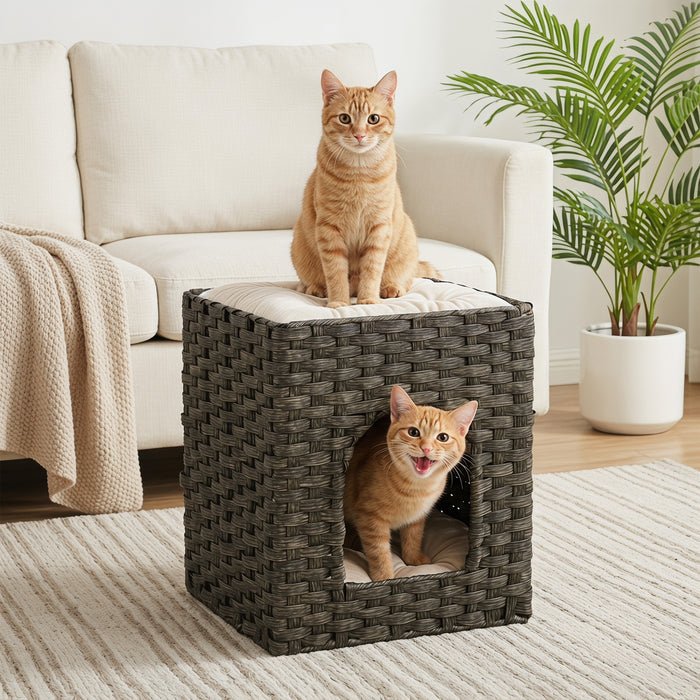 PawHut 2-Tier Wicker Cat House, Handwoven Rattan Cat Bed with Washable Cushions, Indoor Kitten Condo Hideaway