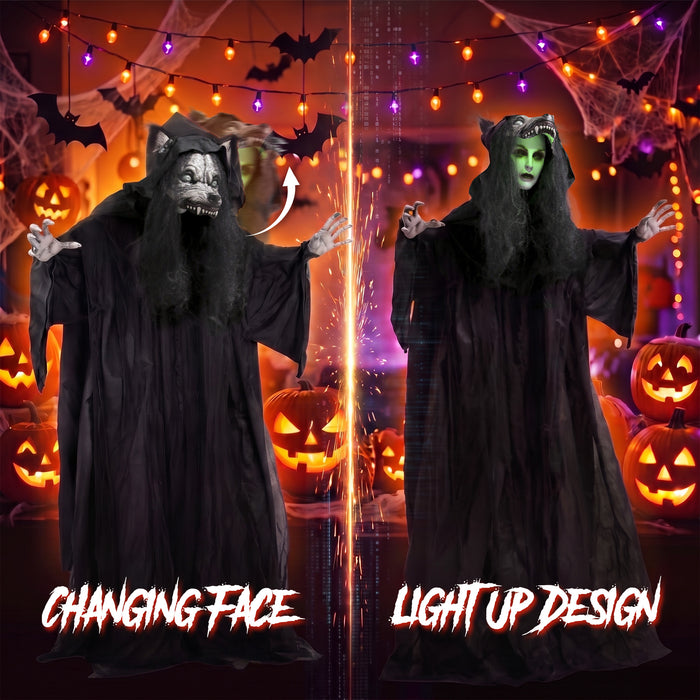 HOMCOM 67"/170cm Life Size Animated Ghost with Werewolf Mask, Halloween Decorations Outdoor Indoor, Scary Halloween Animatronic