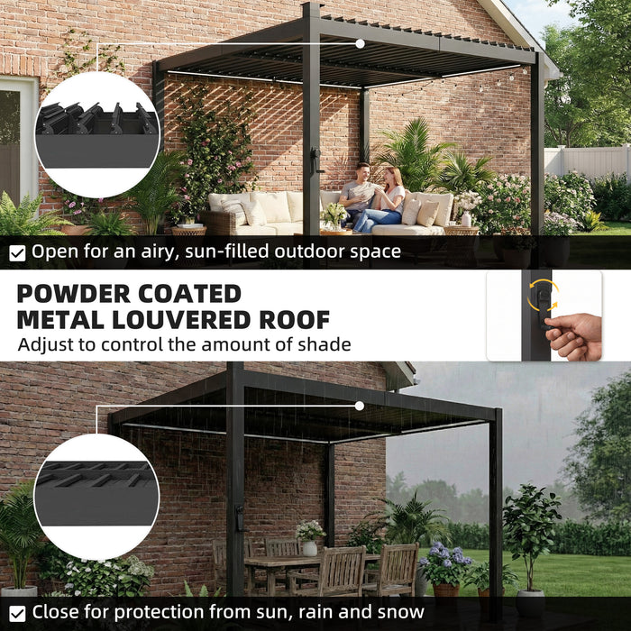 Outsunny 3 x 3 m Louvered Pergola with Solar LED lights, Metal Roof, Patio Gazebo Pergola Canopy with Drainage Gutters, Black