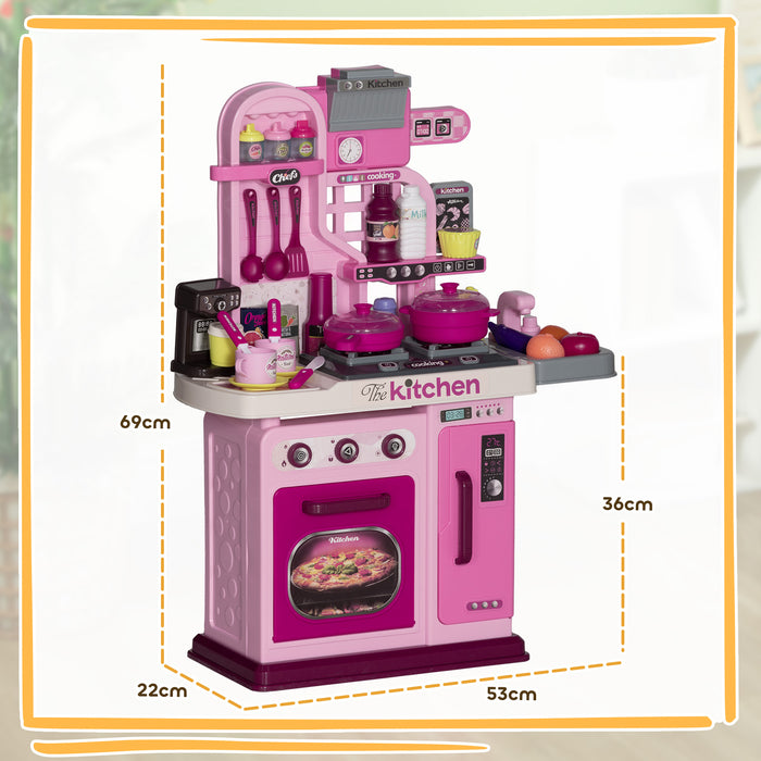 AIYAPLAY Kids Kitchen with 33 Piece Accessories, Lights, Sounds, Storage, for Children 3-6 Years, Pink | Aosom UK