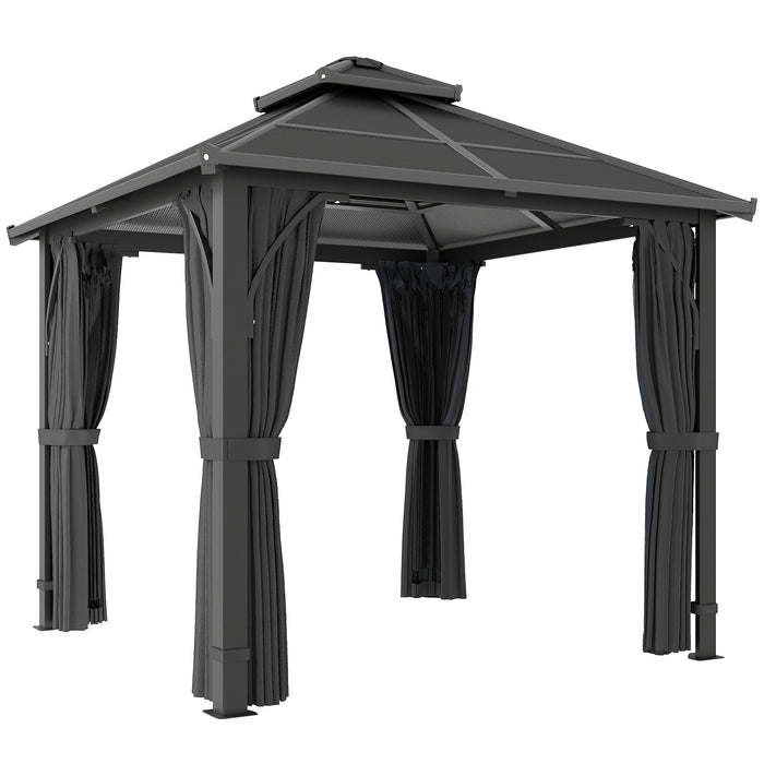 Outsunny 2.5 x 2.5 m Hardtop Gazebo Canopy with 7mm PC Roof, Garden Gazebo Permanent Pavilion with Netting, Curtains, Dark Grey