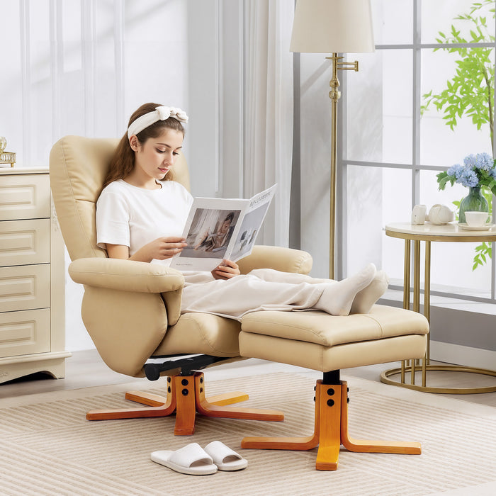 HOMCOM PU Leather Swivel Recliner Chair with Footstool, Wooden Base and Storage for Living Room, Beige