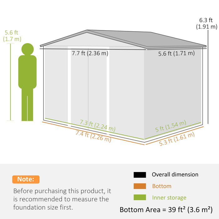 Outsunny 8 x 6ft Galvanised Steel Shed, with Double Door - Light Grey