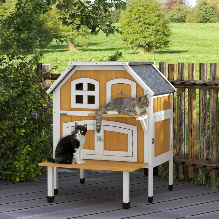 2-Tier Wooden Outdoor Cat Shelter with Asphalt Roof and Escape Doors - Spacious Feline Haven with Terrace - Ideal for 1-2 Cats or Small Feral Cat Communities