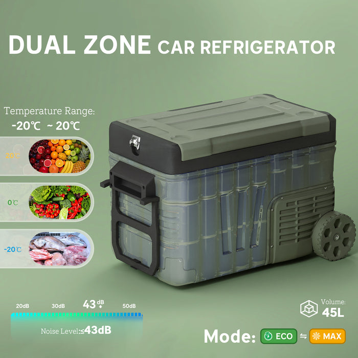Outsunny 33L Camping Fridge Freezer Dual Zone, Portable Car Fridge 12V/24V DC & 100-240V AC, Electric Cool Box -20℃-20℃ with Wheels and LED Light, for Travel, RV, Road Trip, Picnic [Energy Class E]