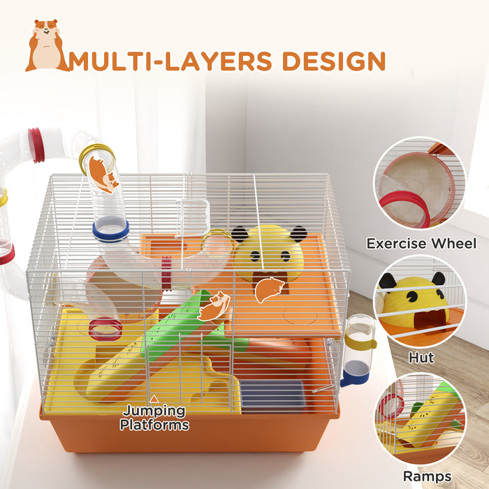 Trio-Tier Gerbil Haven - Spacious Hamster Cage with Fun Tubes and Exercise Wheel, Includes Ladder and Top Handle - Ideal Pet Home for Small Rodents, 45x28x37 cm, Vibrant Orange