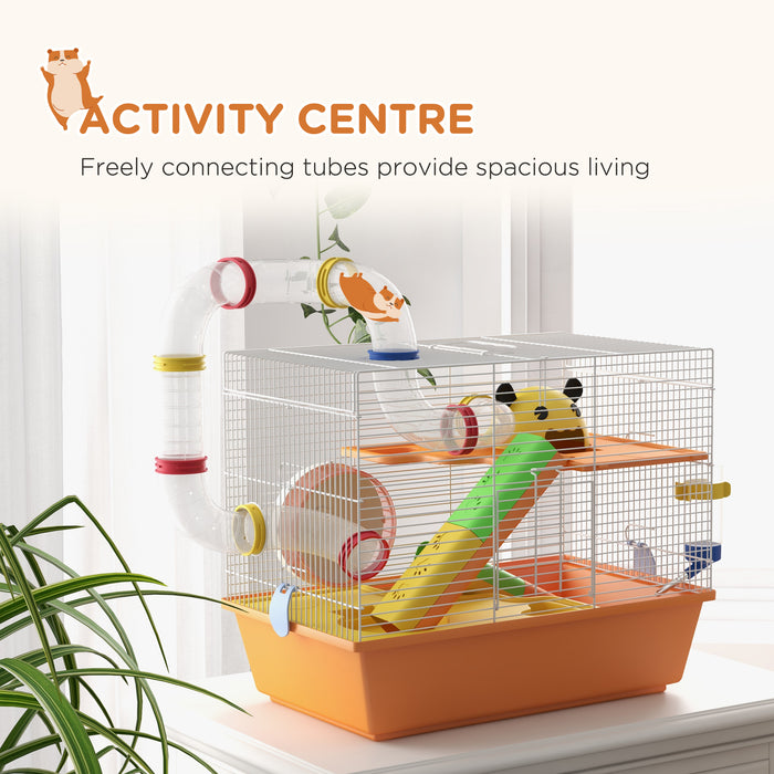 Trio-Tier Gerbil Haven - Spacious Hamster Cage with Fun Tubes and Exercise Wheel, Includes Ladder and Top Handle - Ideal Pet Home for Small Rodents, 45x28x37 cm, Vibrant Orange