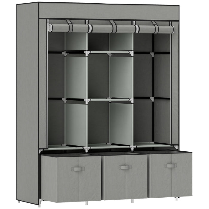 HOMCOM Fabric Wardrobe for Bedroom, Portable Wardrobe with 5 Shelves, 2 Hanging Rails and 3 Fabric Drawers, Foldable Closet, 125 x 43 x 162.5cm, Light Grey