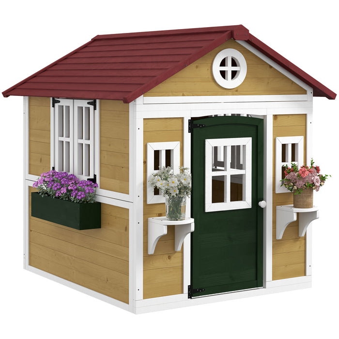 Outsunny Wooden Playhouse with Doors, Windows, Plant Pots, Boxes, for 3-8 Years - Beige