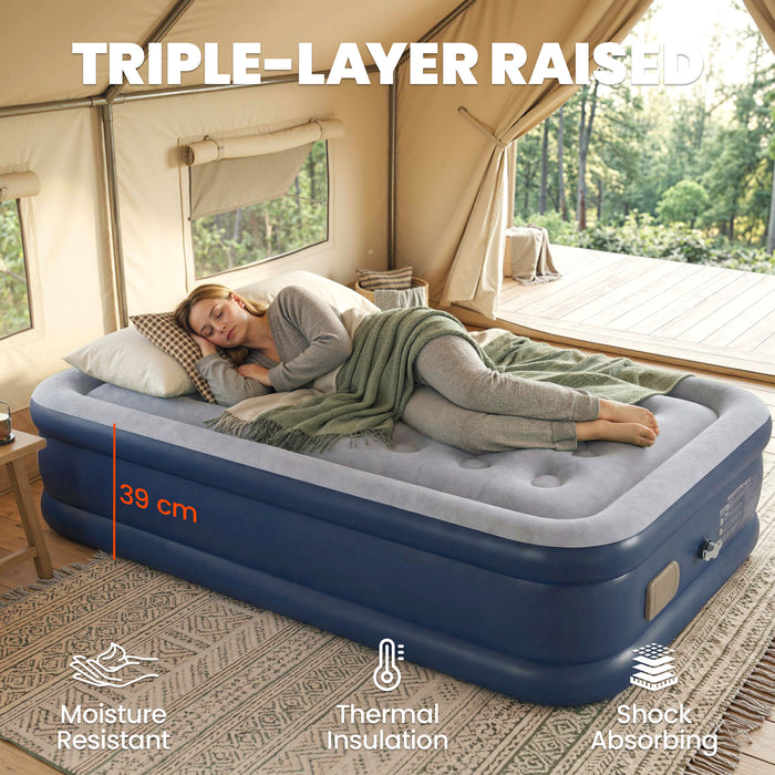 Outsunny Inflatable Mattress, Single Air Bed with Built-in Electric Pump, 3 Mins Inflation, Flocked Surface, Grey