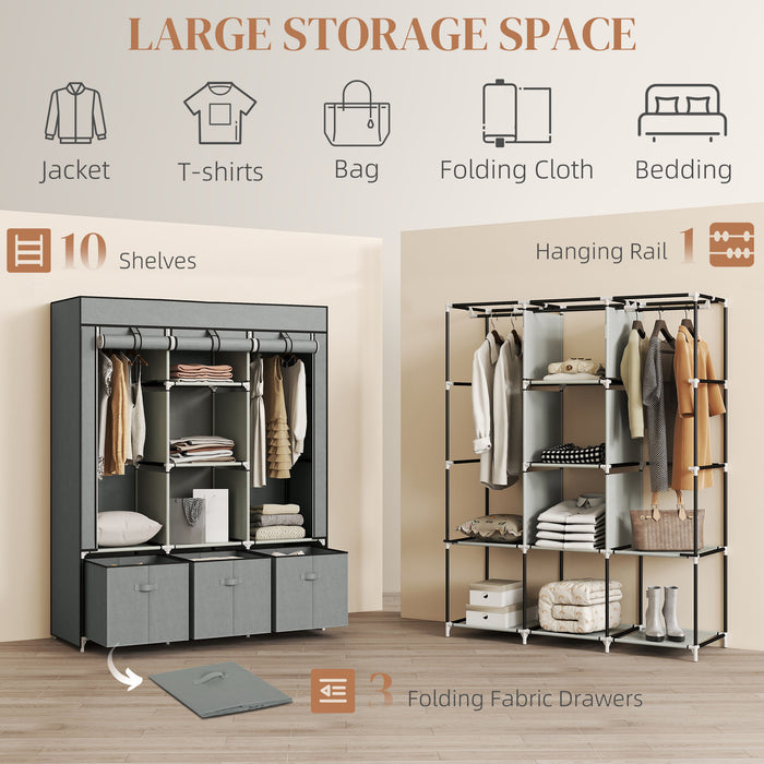 HOMCOM Fabric Wardrobe for Bedroom, Portable Wardrobe with 5 Shelves, 2 Hanging Rails and 3 Fabric Drawers, Foldable Closet, 125 x 43 x 162.5cm, Light Grey