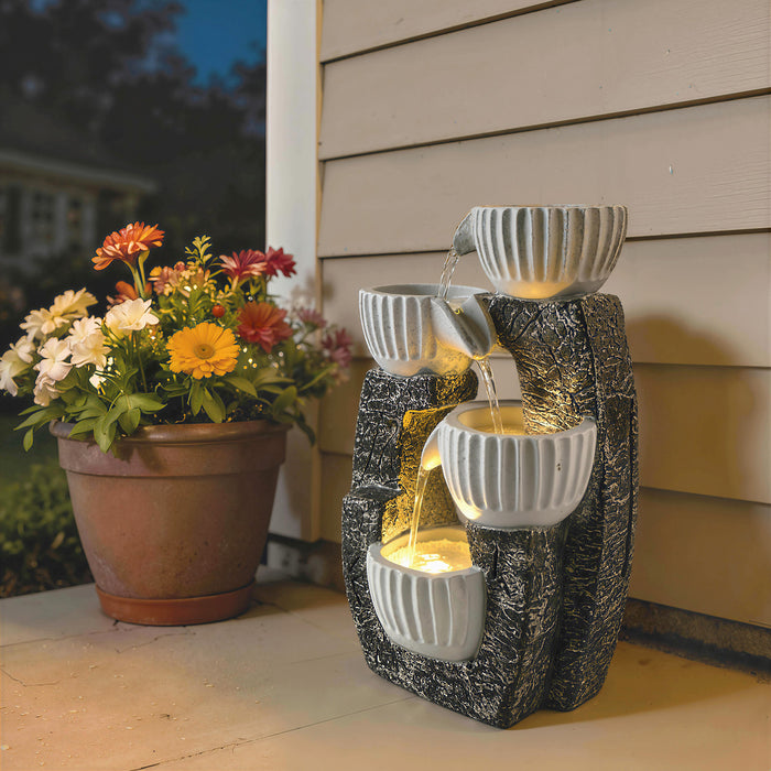 Outsunny 4-Tier Bowl Water Feature, Indoor Outdoor Garden Water Fountain with Pump and LED Lights, Resin Cascading Waterfall