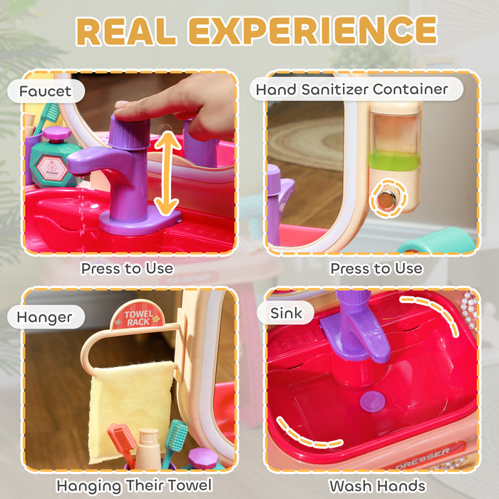 AIYAPLAY Kids Dressing Table with Mirror, LED Light, 23 Accessories, Pink | Aosom UK