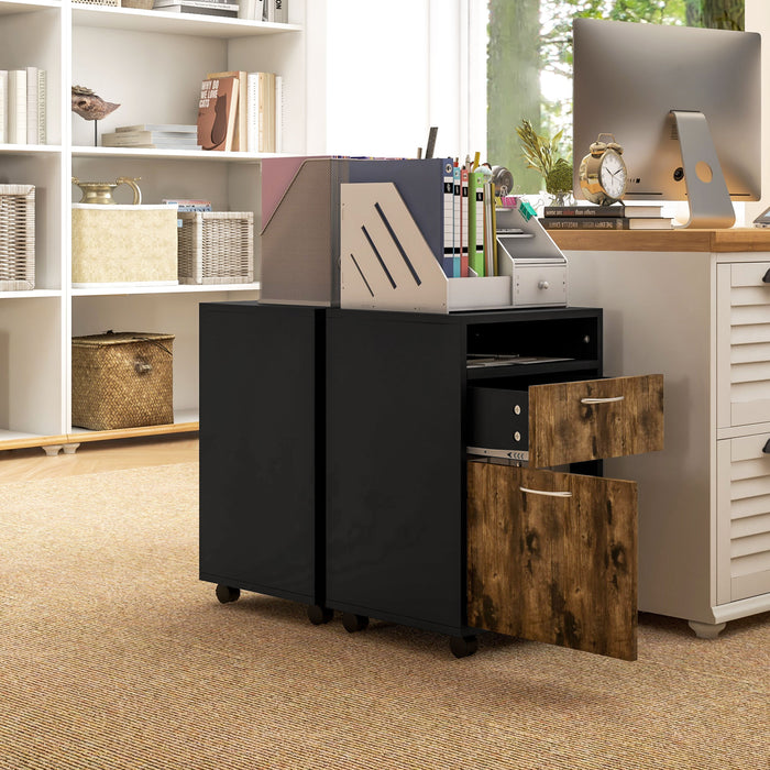 HOMCOM 60cm Storage Cabinet with Drawer, Open Shelf, Metal Handles and 4 Wheels, Office Home Organiser Mobile Printer, Rustic Brown