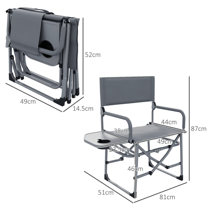 Portable Director's Chair with Built-in Side Table - Durable Grey Camping Seat - Ideal for Outdoor Events and Picnics