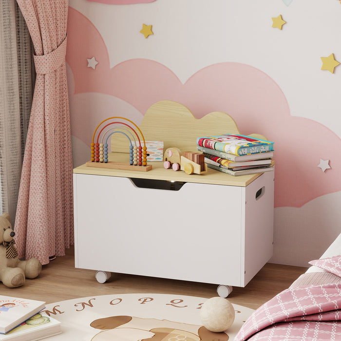 AIYAPLAY Toy Box with Lid, Toy Chest with Wheels and Safety Hinges, Toddler Storage Organiser for Playroom, Bedroom, White