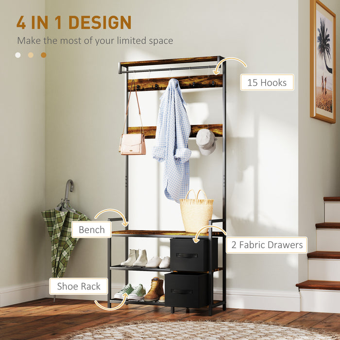 HOMCOM Coat Rack with Bench and Shoe Storage, 4-in-1 Coat Stand with 15 Coat Hooks, 2 Fabric Drawers for Hallway, Living Room, Bedroom, Rustic Brown