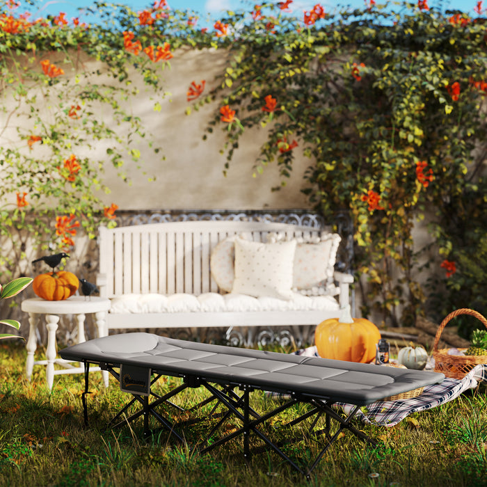 Outsunny Folding Camping Bed for Adults with Cushion, Heavy Duty Portable Travel Camping Cot with Headrest, Side Pocket and Non-Slip Foot Pads for Outdoor Beach Travel Office, Grey