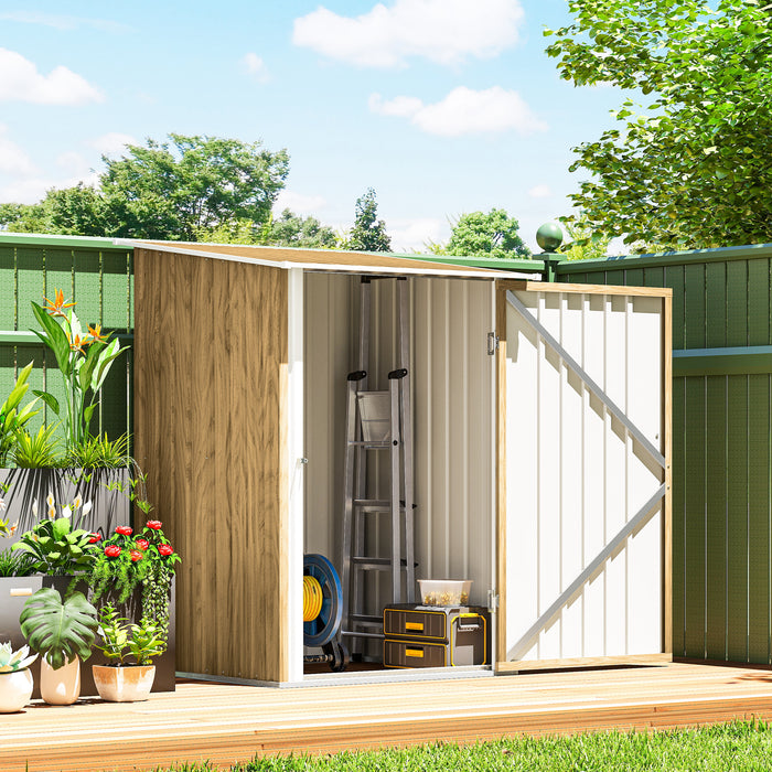 Outsunny 3.3 x 3.4ft Lean To Steel Garden Shed with Locking Door - Light Brown Wood Effect/White