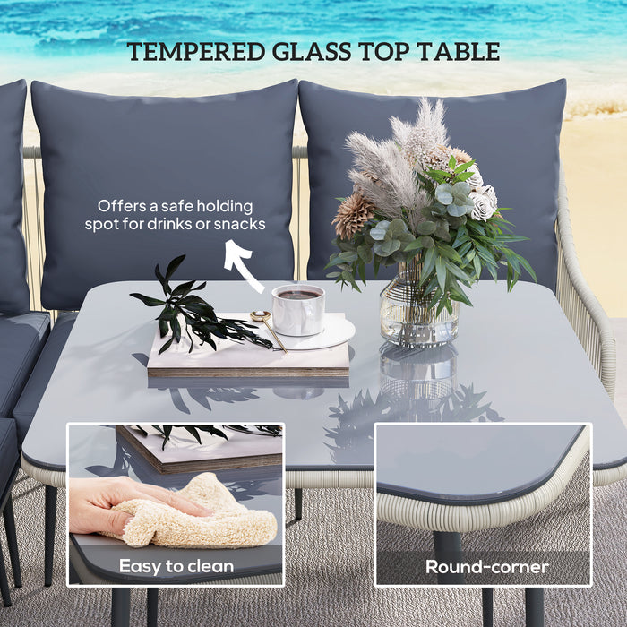 Outsunny 6 Piece Garden Furniture Set, Garden Corner Sofa Set with Thickened Cushions, Outdoor Patio Furniture Set with Glass Top Table, Footstools for Conservatory, Light Grey