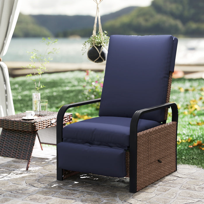 Outsunny Rattan Garden Recliner Chair, Reclining Rattan Chair with Adjustable Backrest and Footrest, Outdoor Lounge Sun Lounger with Cushion, Side Tray and Aluminium Armrests, Brown/Blue
