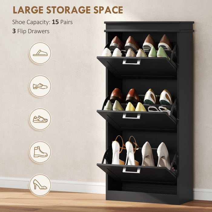 HOMCOM Three-Drawer Minimalistic Shoe Cabinet - Black