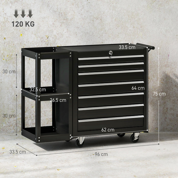 HOMCOM Lockable Steel Tool Chest on Wheels, 7 Drawer Tool Box with Handle for Workshop, Garage, Black