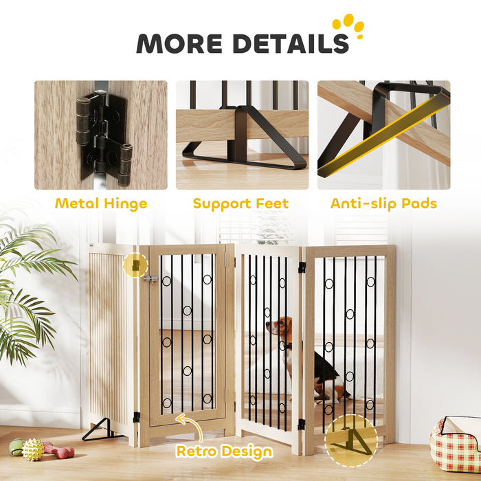 PawHut 4 Panel Freestanding Pet Gate, Indoor Dog Barrier with Lockable Door, Support Feet, 360° Flexible Hinges, Oak