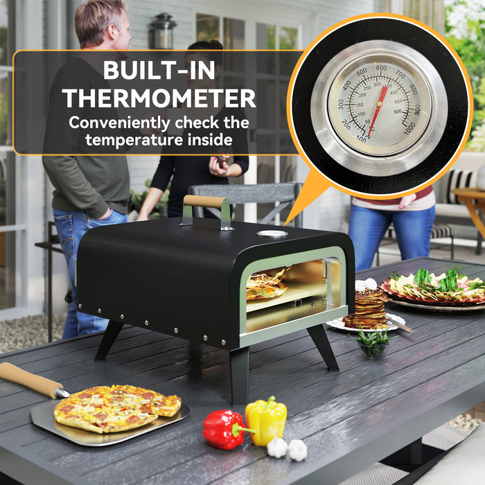 Outsunny Outdoor Tabletop Gas Pizza Oven with 12" Stone and Peel, Portable Pizza Oven Maker with Thermometer, Foldable Legs, Handle, Gas Hose and Regulator, Black