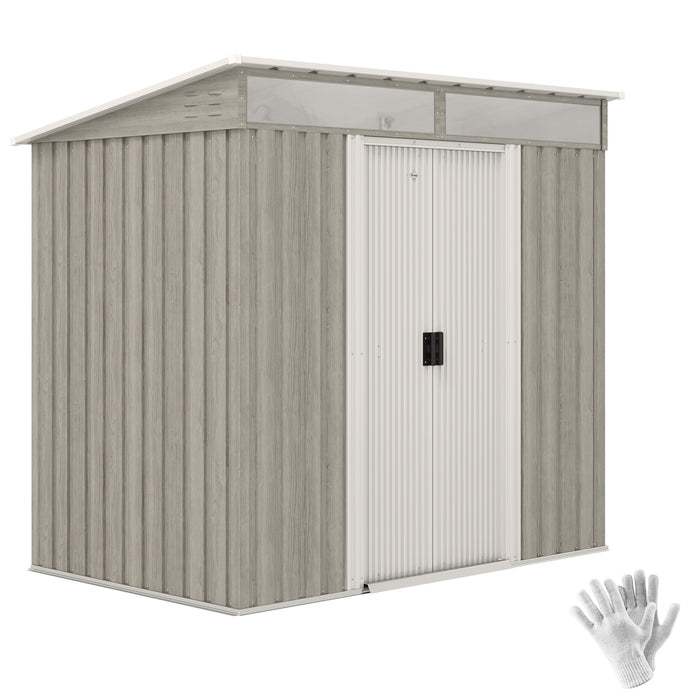 Outsunny 6.5 x 4FT Galvanised Metal Shed with Foundation Kit, Lockable Tool Garden Shed with Double Sliding Doors, Vents, Light Grey Wood Effect