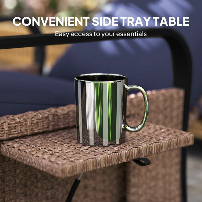 Outsunny Rattan Garden Recliner Chair, Reclining Rattan Chair with Adjustable Backrest and Footrest, Outdoor Lounge Sun Lounger with Cushion, Side Tray and Aluminium Armrests, Brown/Blue