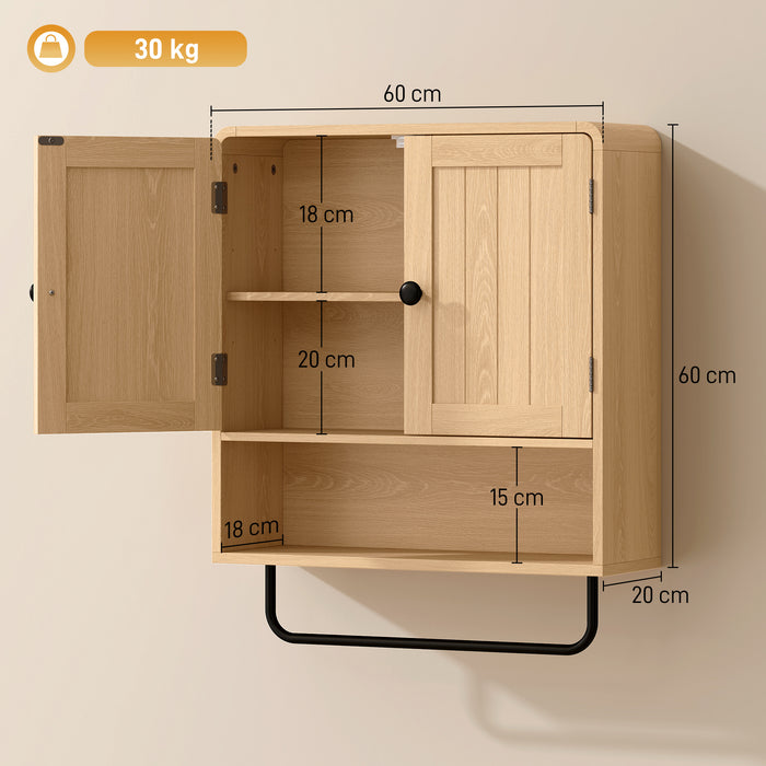 HOMCOM Bathroom Cabinet Wall Mounted, Bathroom Wall Cabinet with 2 Doors, Adjustable Shelf Storage for Toilet, Oak