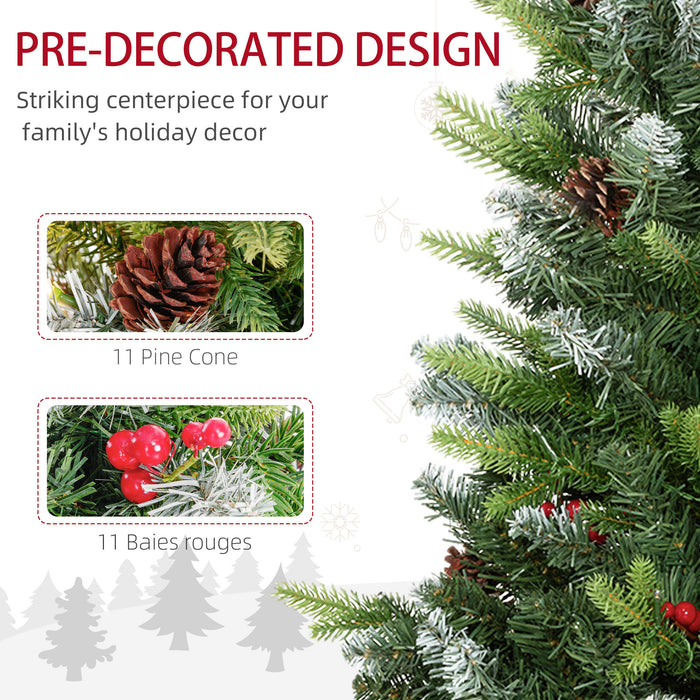 HOMCOM 2 Pieces 3ft Prelit Artificial Christmas Tree with LED Light and 291 Tips, Concrete Base, Tabletop Xmas Tree with Pine Cones and Red Berries, Green