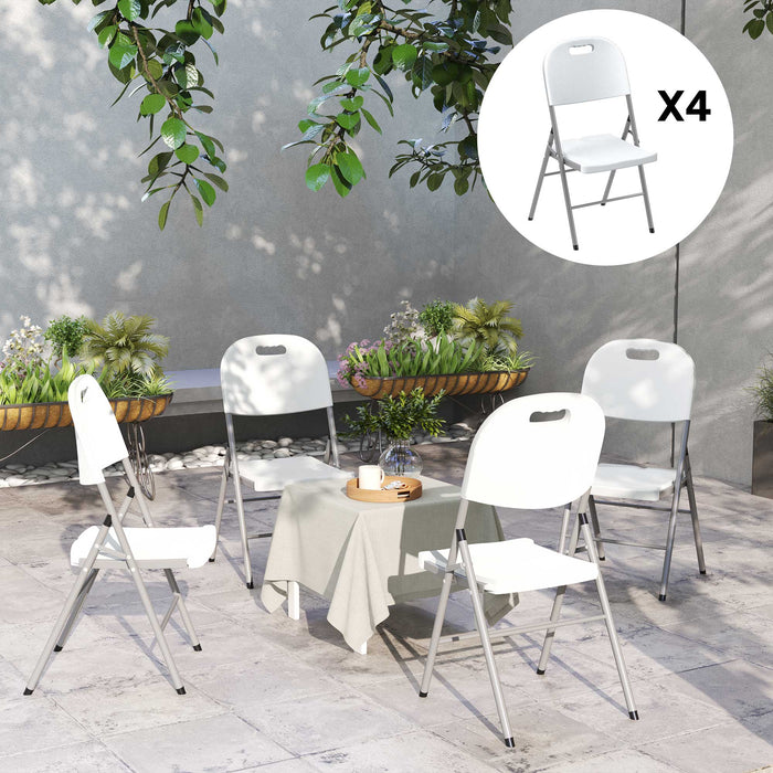 Outsunny Folding Chair Set of 4 with Steel Frame, Outdoor Chair Set with HDPE Backrest, Seat and Handles for Mobility, Garden Chair Set for Patio Deck Balcony, White