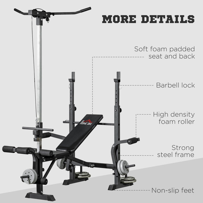 HOMCOM Adjustable Weight Bench with Pulley System, Incline Bench Press Set with Squat Rack, Leg Developer, Butterfly and Weight Storage, for Home Gym Full Body Workout