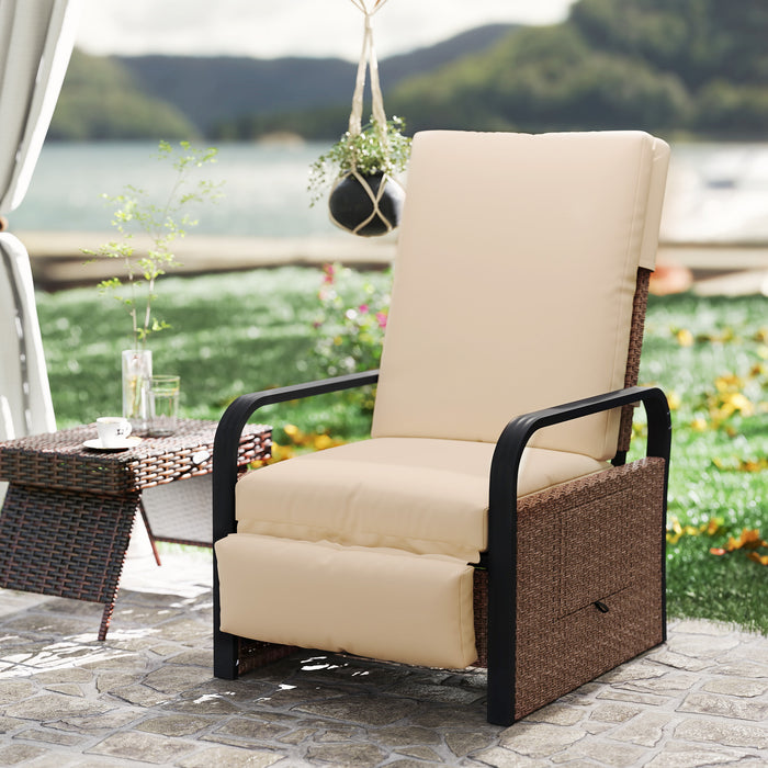 Outsunny Rattan Garden Recliner Chair, Reclining Rattan Chair with Adjustable Backrest and Footrest, Outdoor Lounge Sun Lounger with Cushion, Side Tray and Aluminium Armrests, Brown/Khaki