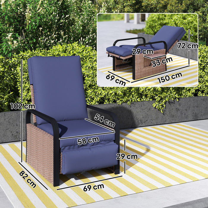 Outsunny Rattan Garden Recliner Chair, Reclining Rattan Chair with Adjustable Backrest and Footrest, Outdoor Lounge Sun Lounger with Cushion, Side Tray and Aluminium Armrests, Brown/Blue