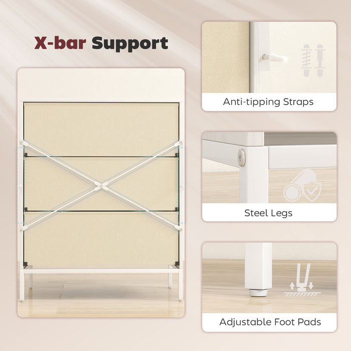 HOMCOM Chest of Drawers, Dresser with 3 Fabric Drawers and Aluminium Handles - White